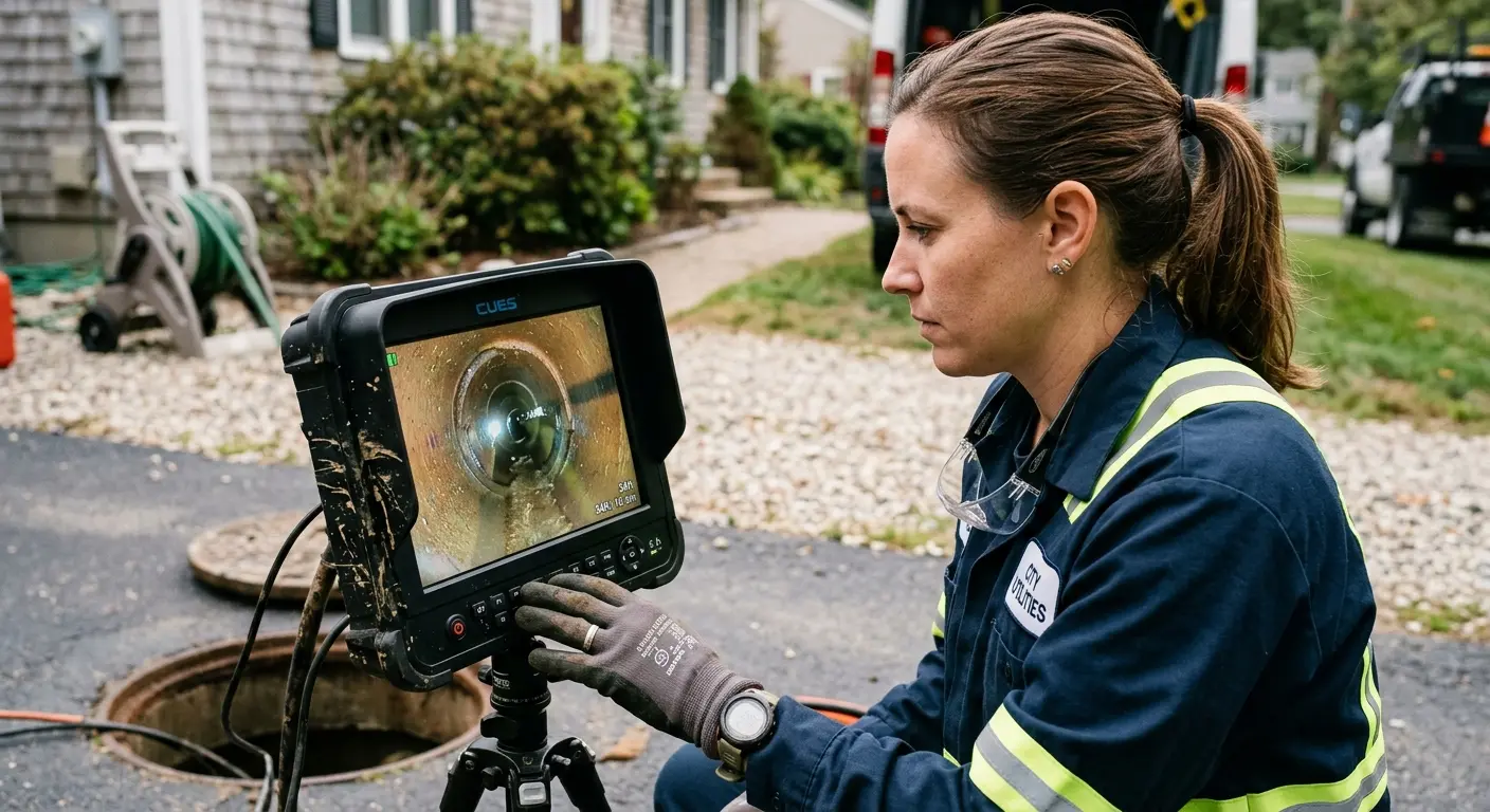 Technician reviewing sewer camera inspection footage in Waterville