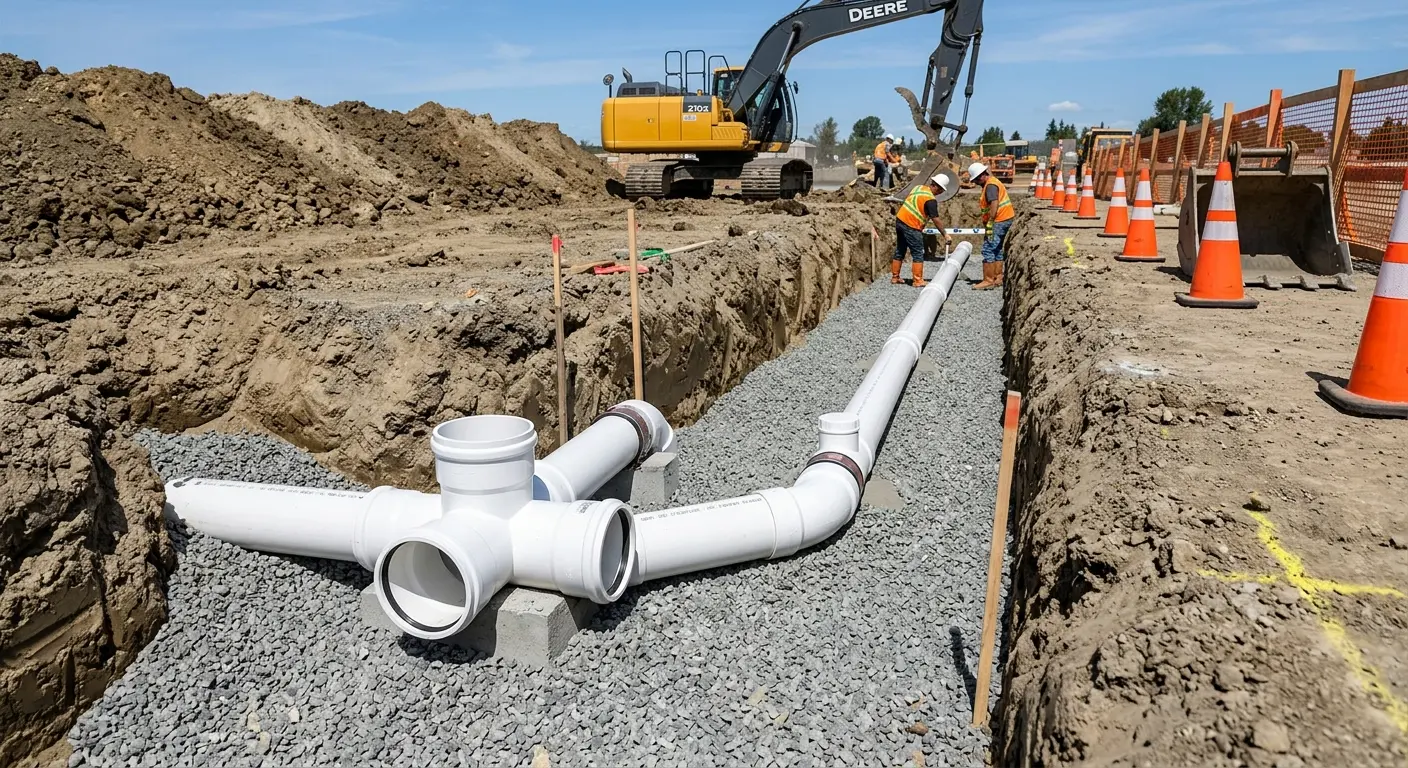 New PVC sewer pipe installation in open trench for Commercial Drain Cleaning in Waterville